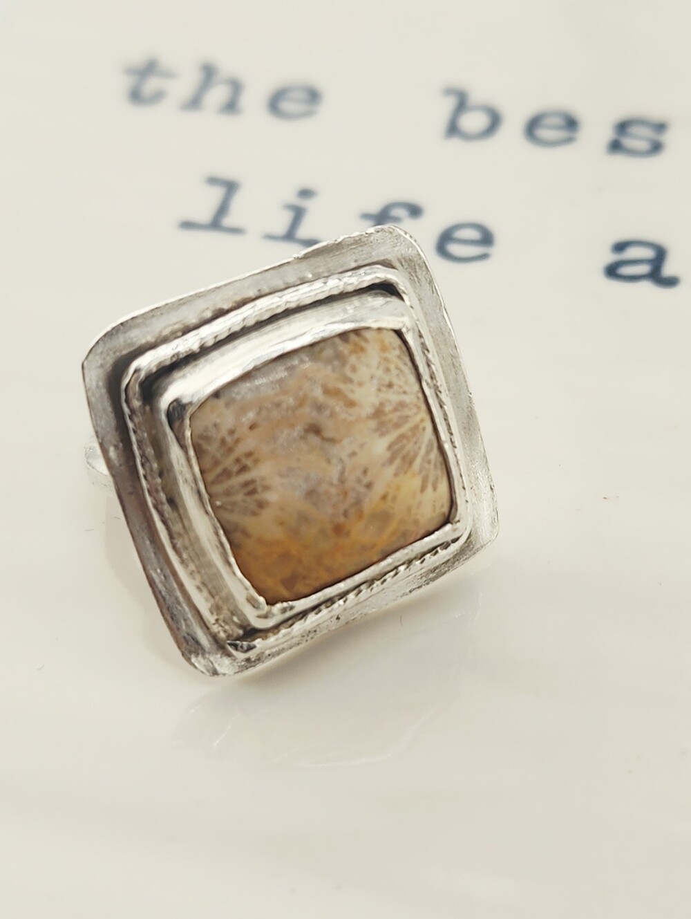 FOSSIL CORAL HANDMADE RING IN STERLING SILVER SIZE 7.5